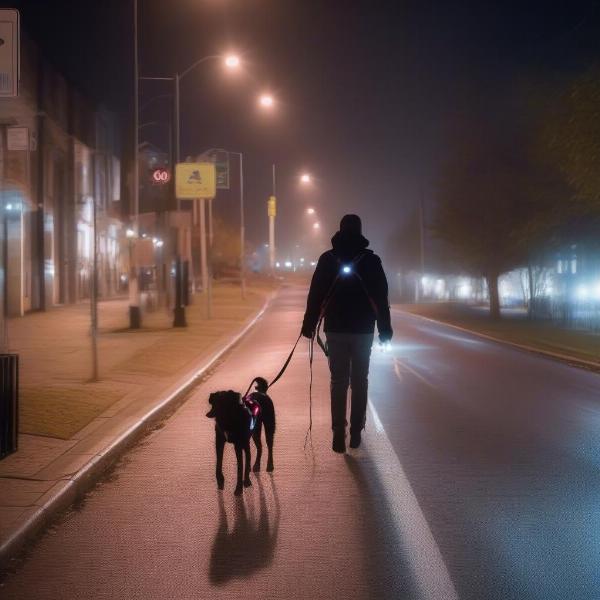 Dog Wearing LED Harness Walking with Owner