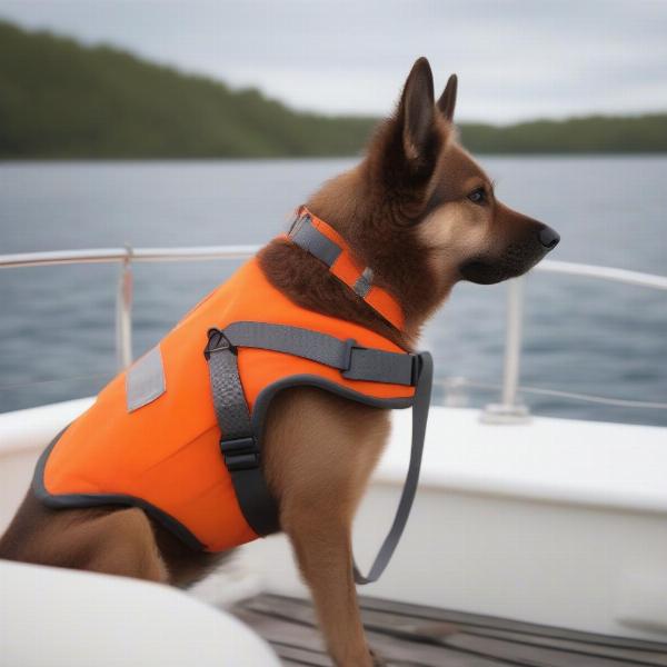 Dog wearing life jacket on a boat