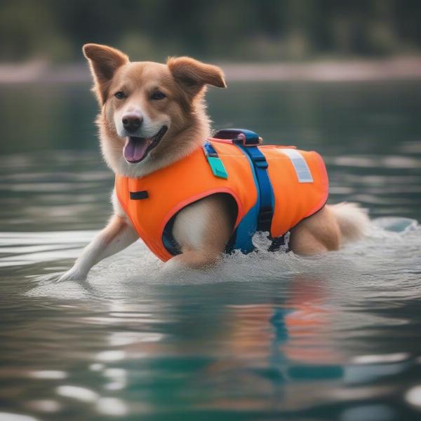 Dog wearing a life vest while swimming