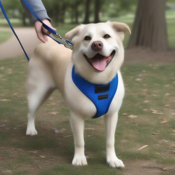 A dog comfortably wearing a mesh halter