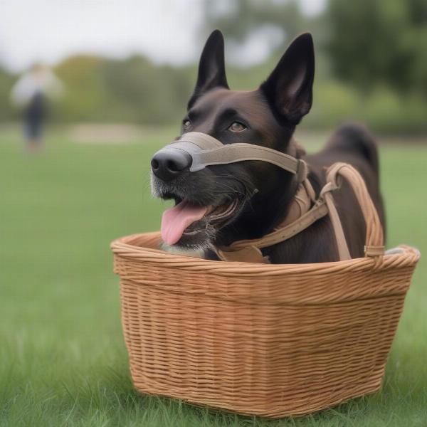 Dog wearing a muzzle for bee sting prevention