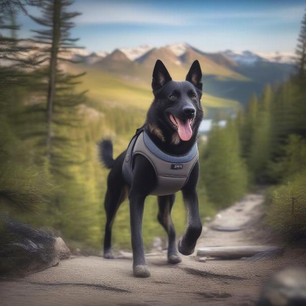 Dog wearing neoprene boots while hiking on a trail