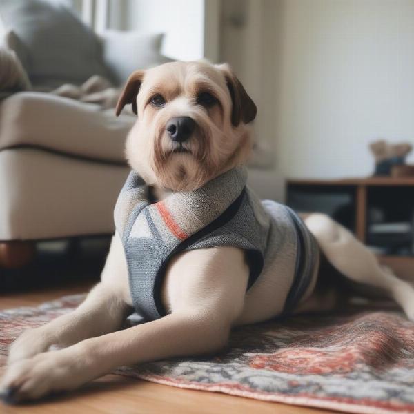 Dog comfortably wearing pants indoors