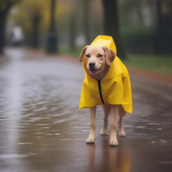 Dog wearing a personalized raincoat on an outdoor walk