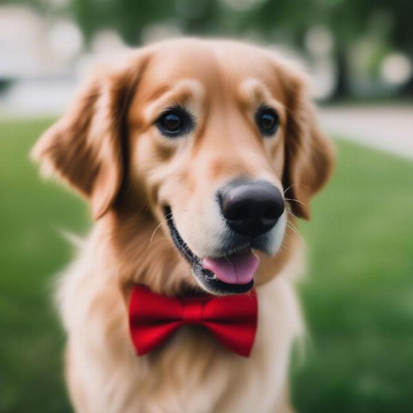 Dog wearing a red bow tie collar