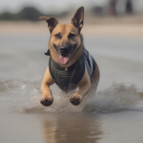 A dog wearing river shoes comfortably and happily