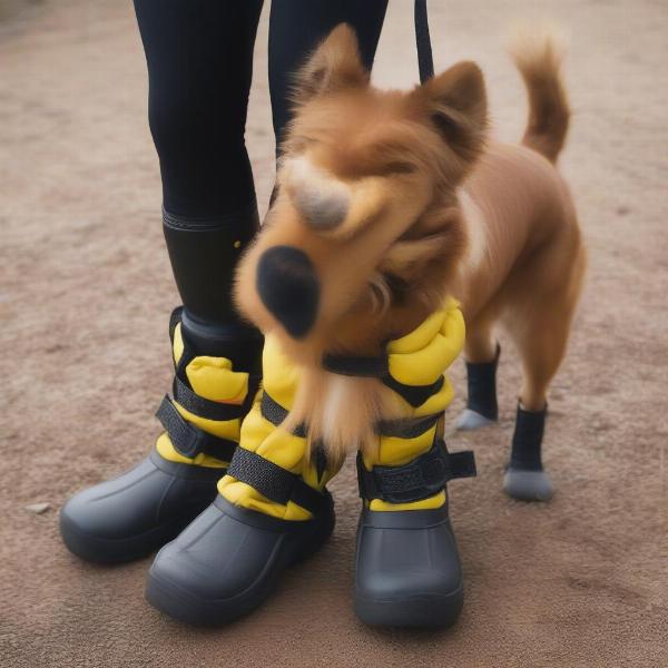 A dog wearing rocket dog boots