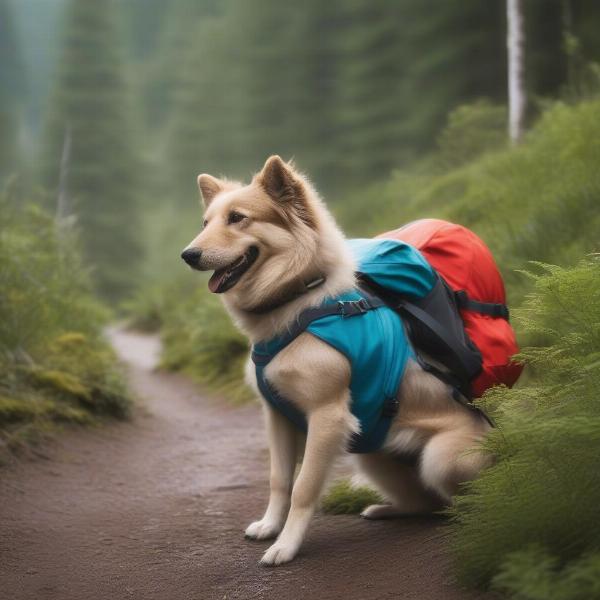 A happy dog enjoying a hike with its rucksack