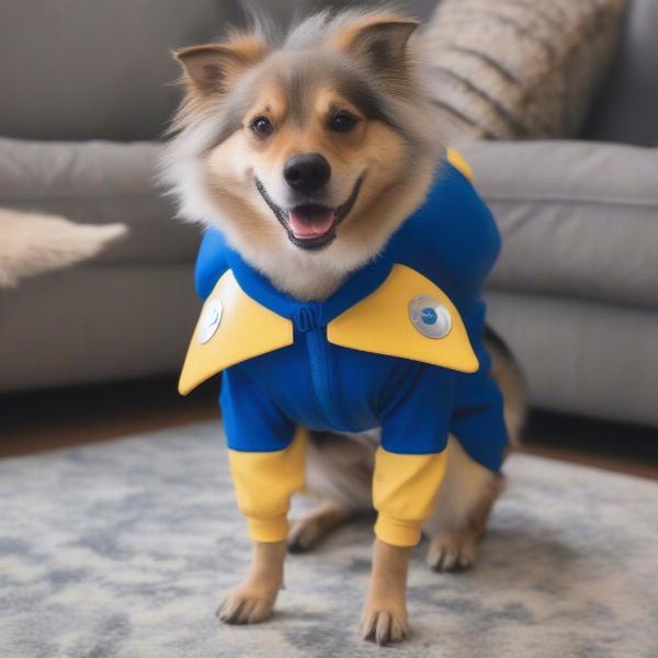 A dog wearing a Sonic costume safely