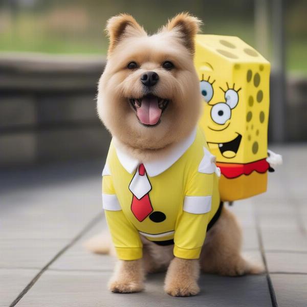 Dog Wearing Spongebob Costume Comfortably