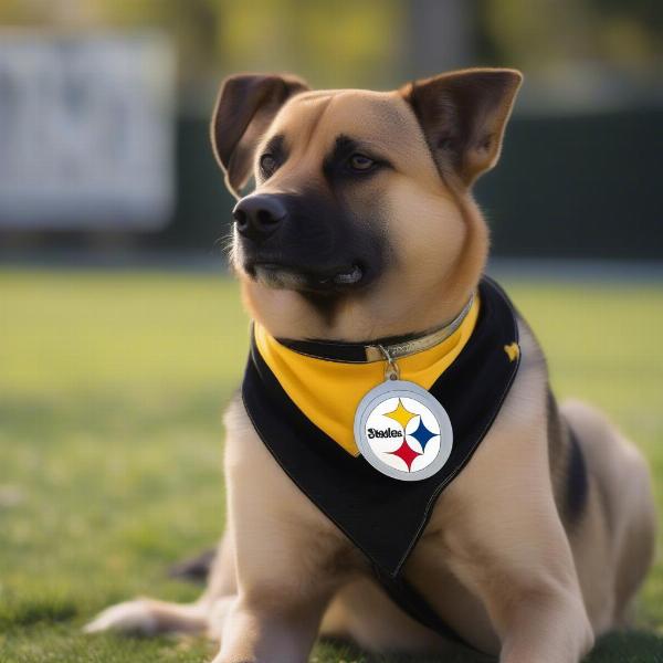 Dog wearing a Steelers bandana and collar