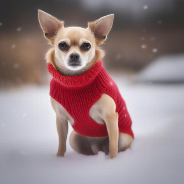 Dog wearing a sweater in the snow