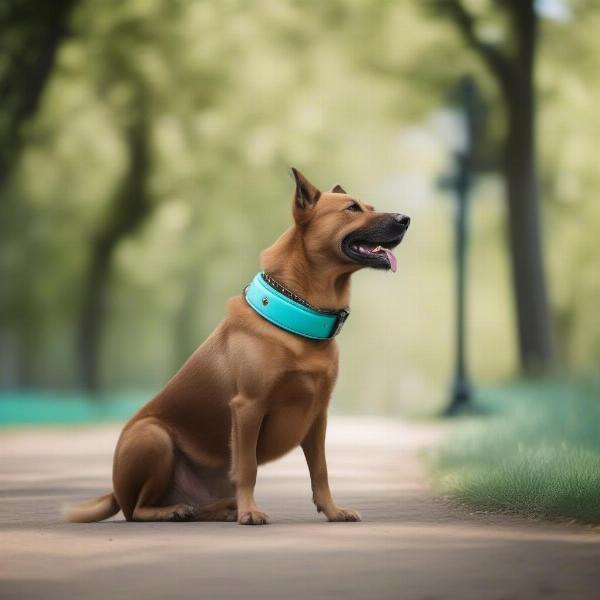 A dog happily wearing a turquoise leather dog collar during a walk in the park