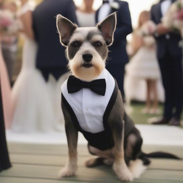 A small dog wearing a tuxedo sits patiently during a wedding ceremony, looking dapper and well-behaved.