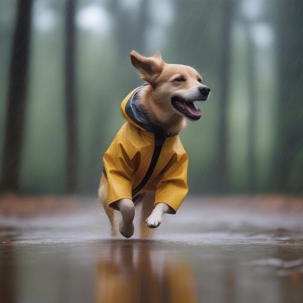 Dog Wearing Waterproof Coat in Rain