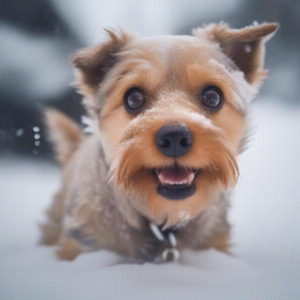 Small dog enjoying the snow in a winter coat