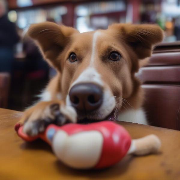 Dog with chew toy at a pub in Morpeth