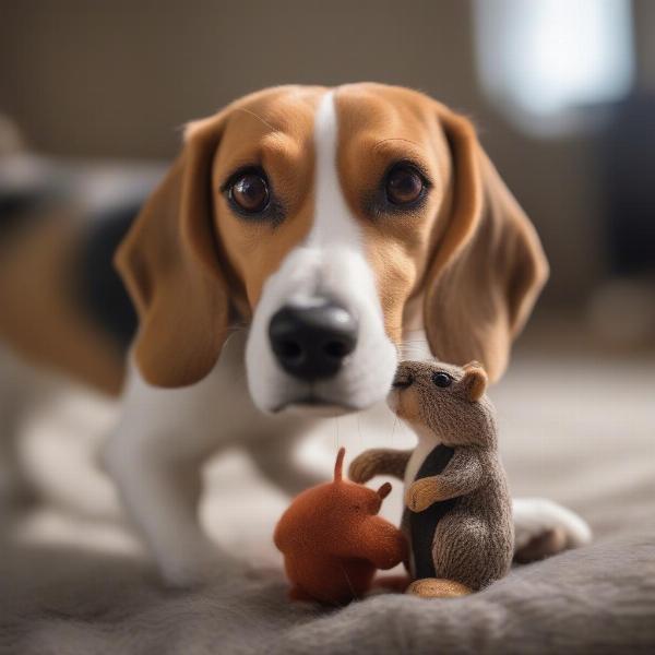 A dog happily holding its favorite fetch toy, a plush squirrel.