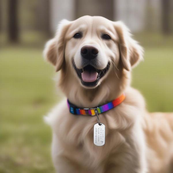 A happy dog wearing a clearly visible ID tag on its collar.