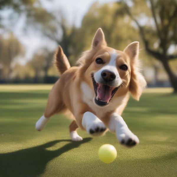 Dog happily playing with nail caps