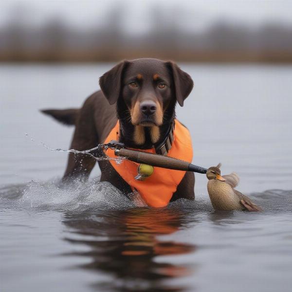 Dog Retrieving Duck with High-Visibility Collar