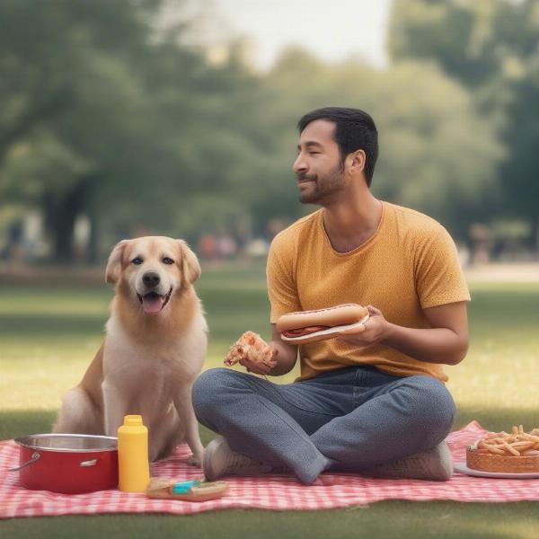 Dog sitting with owner at a picnic