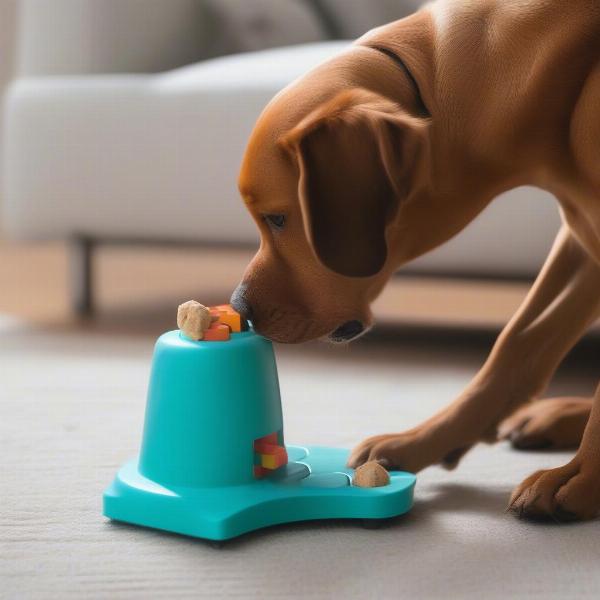 Dog Enjoying a Puzzle Feeder