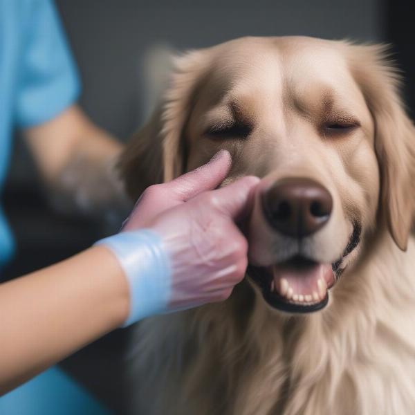 A dog with a skin infection being treated with chlorhexidine shampoo