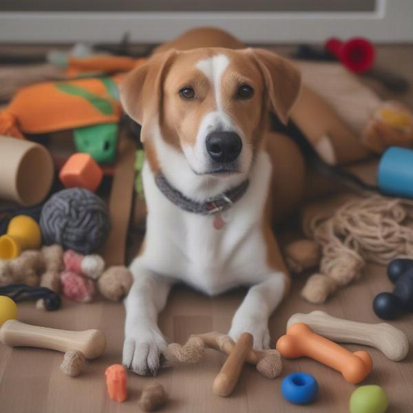 Dog with a variety of chew toys