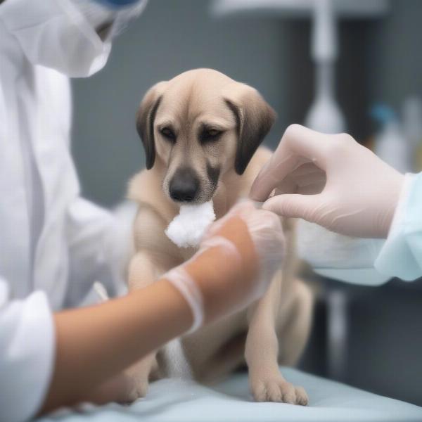 Cleaning a dog's wound with saline solution