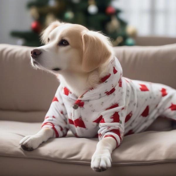 Dog wearing safe and comfortable Xmas pajamas