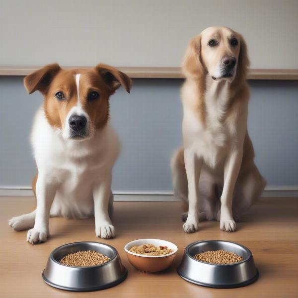 Dogs eating from separate bowls in a calm environment