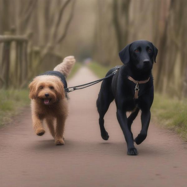 Two Dogs Walking Calmly on a Split Lead