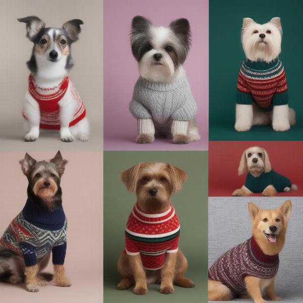 Dogs of different breeds wearing stylish knitted jumpers