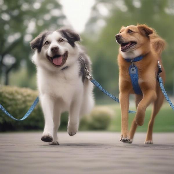 Two dogs enjoying a walk in the park with a double retractable leash