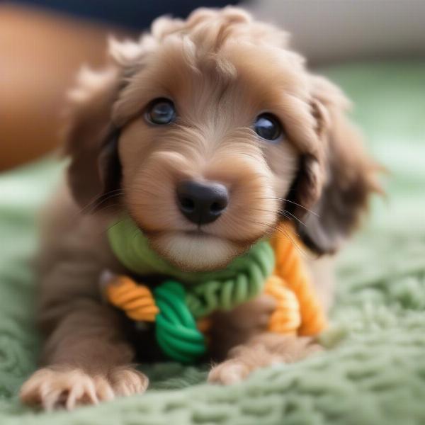 Doxiepoo puppy playing with a toy