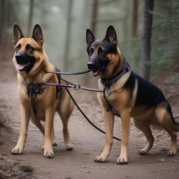 Two dogs using a durable double dog leash on a hiking trail