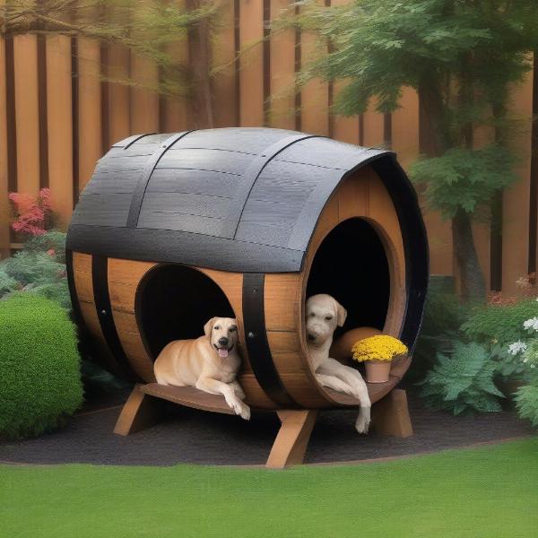 A durable whiskey barrel dog house withstanding the elements.