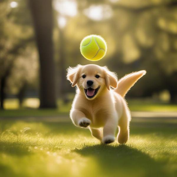 Electric-Type Dog Names: A playful golden retriever puppy wearing a Pikachu hat, chasing a tennis ball in a sunny park.