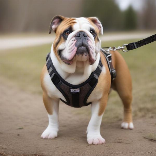 English Bulldog wearing a well-fitted harness