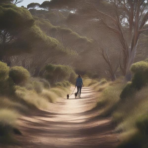 Dog walking on a scenic trail in Esperance.