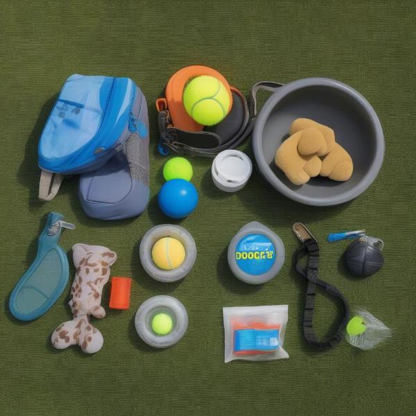 Dog park essentials: leash, water bowl, poop bags, and toys.