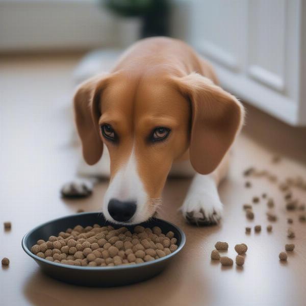 An excited dog eating kibble messily