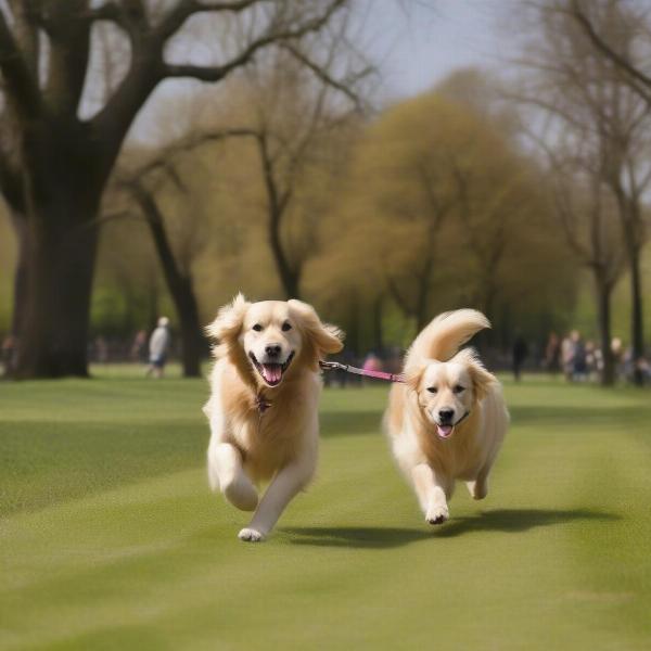 Dog enjoying freedom with extendable lead in a park