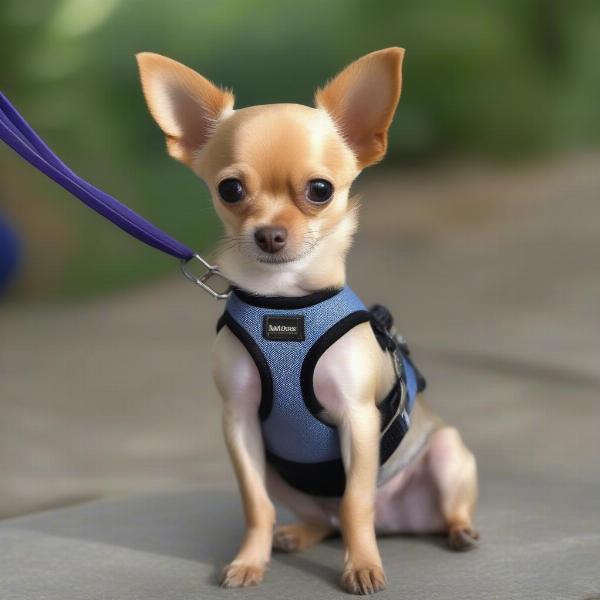 A tiny dog wearing a harness