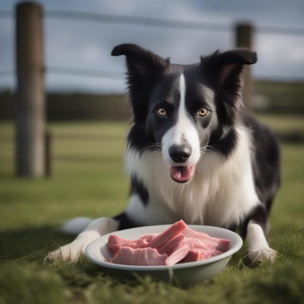 A farm dog enjoying a raw meat meal