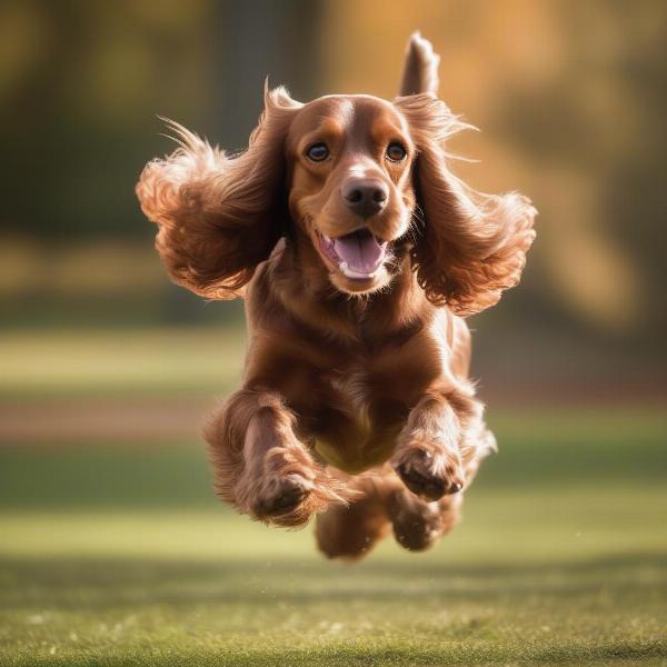 Playful female Cocker Spaniel retrieving a ball in a park.