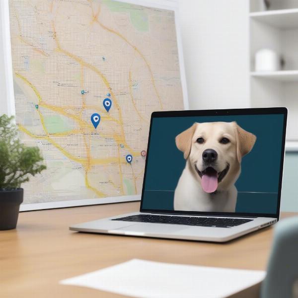 Searching for dog groomers in San Bernardino on a laptop, with a map of San Bernardino in the background and a happy dog sitting next to the laptop.