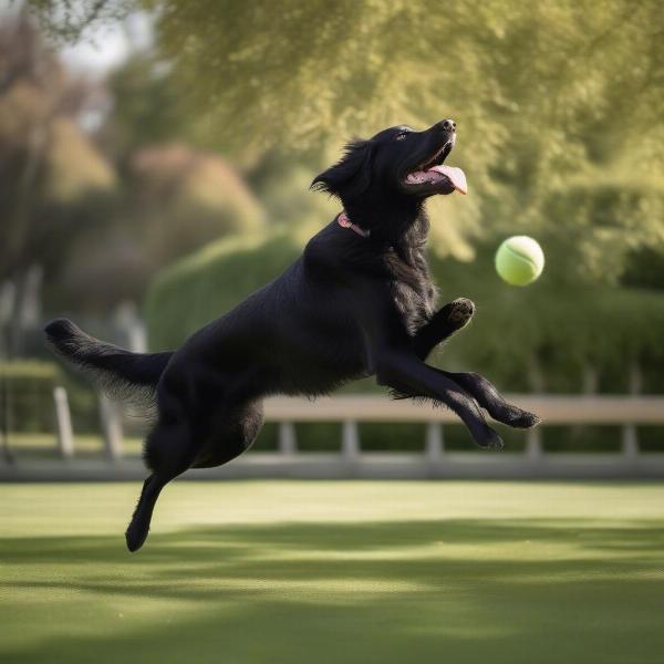 Flat Coated Retriever playing fetch in a park