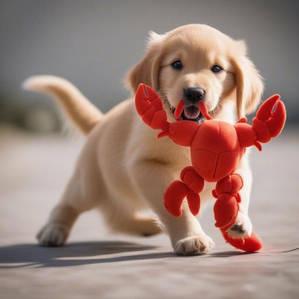 Dog playing with a floppy lobster toy